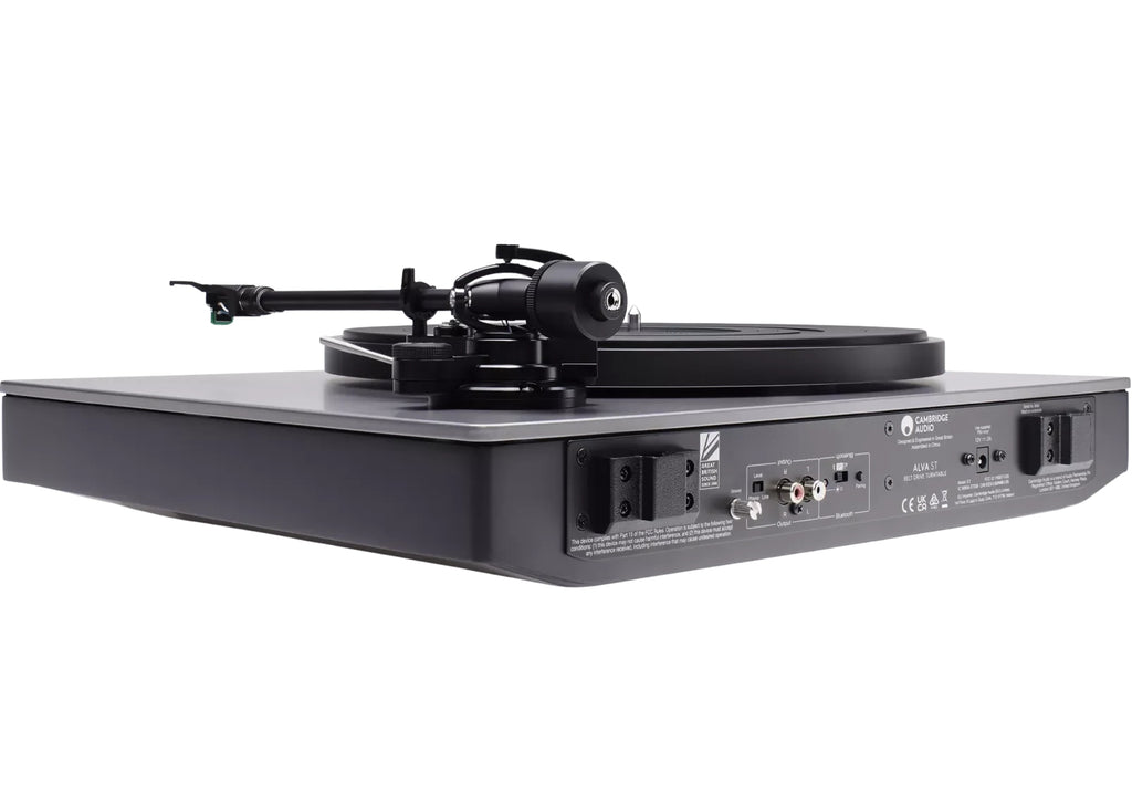 Cambridge Audio Alva ST turntable with sleek black design, tonearm, and platter, showcasing modern high-fidelity audio equipment.