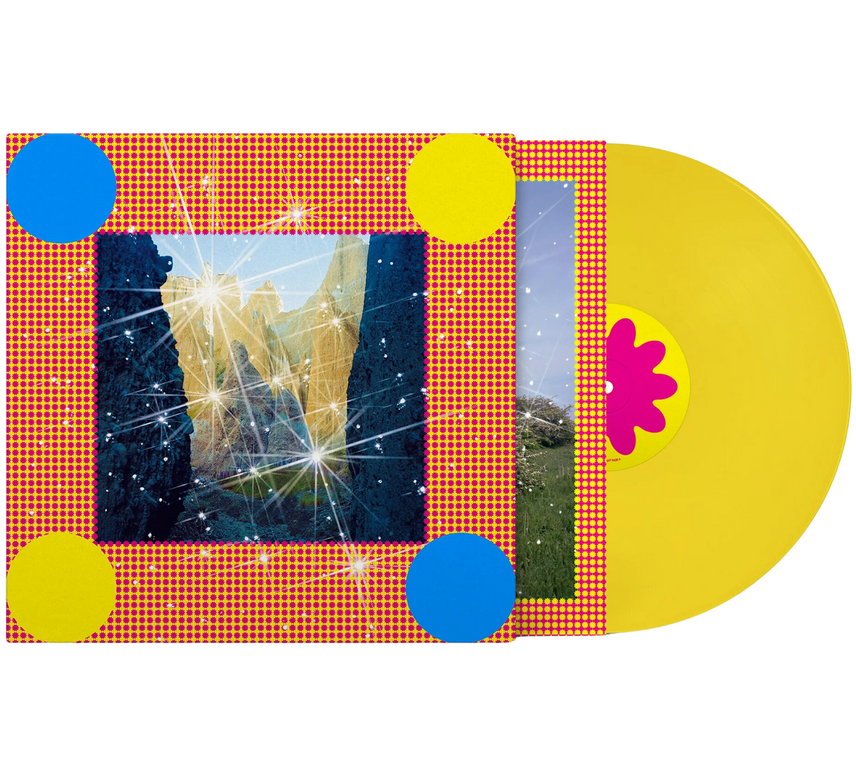 Yellow vinyl LP of Caribou's Honey album by City Slang, showing the colorful album cover art and record inside.