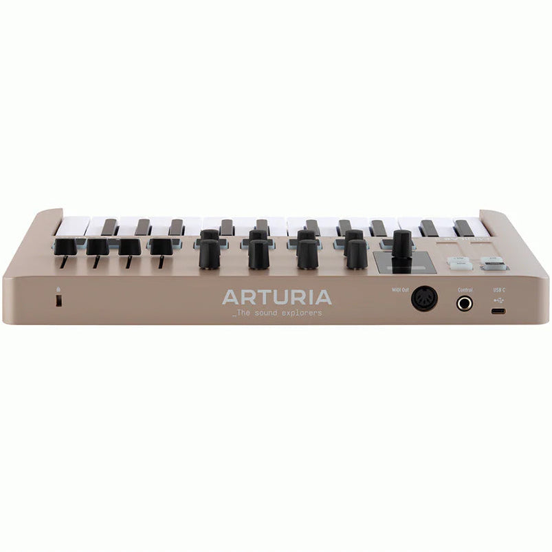Arturia MiniLab 3 MIDI keyboard with compact design, featuring keys, knobs, and control pads for music production and performance.