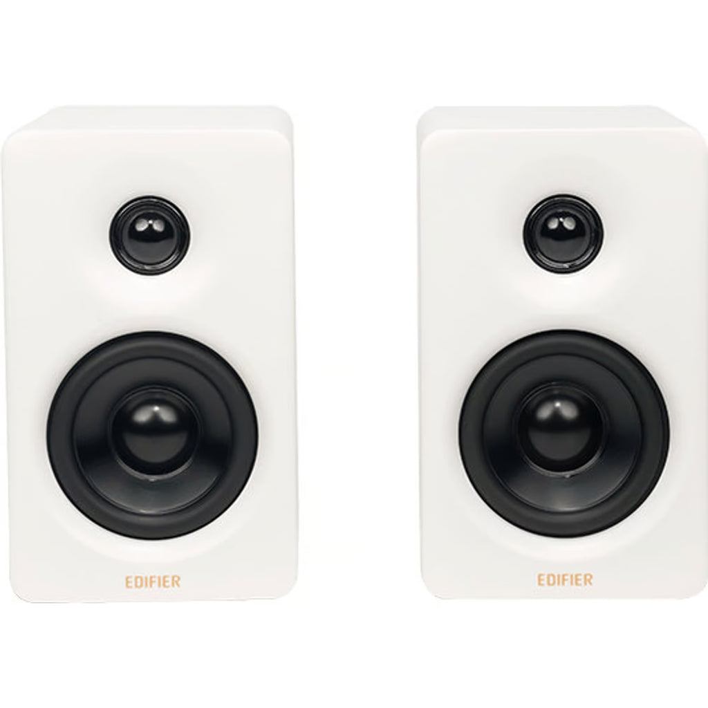 Edifier M60 desktop speakers with sleek black design, featuring dual speaker units and control knobs on the front panel.