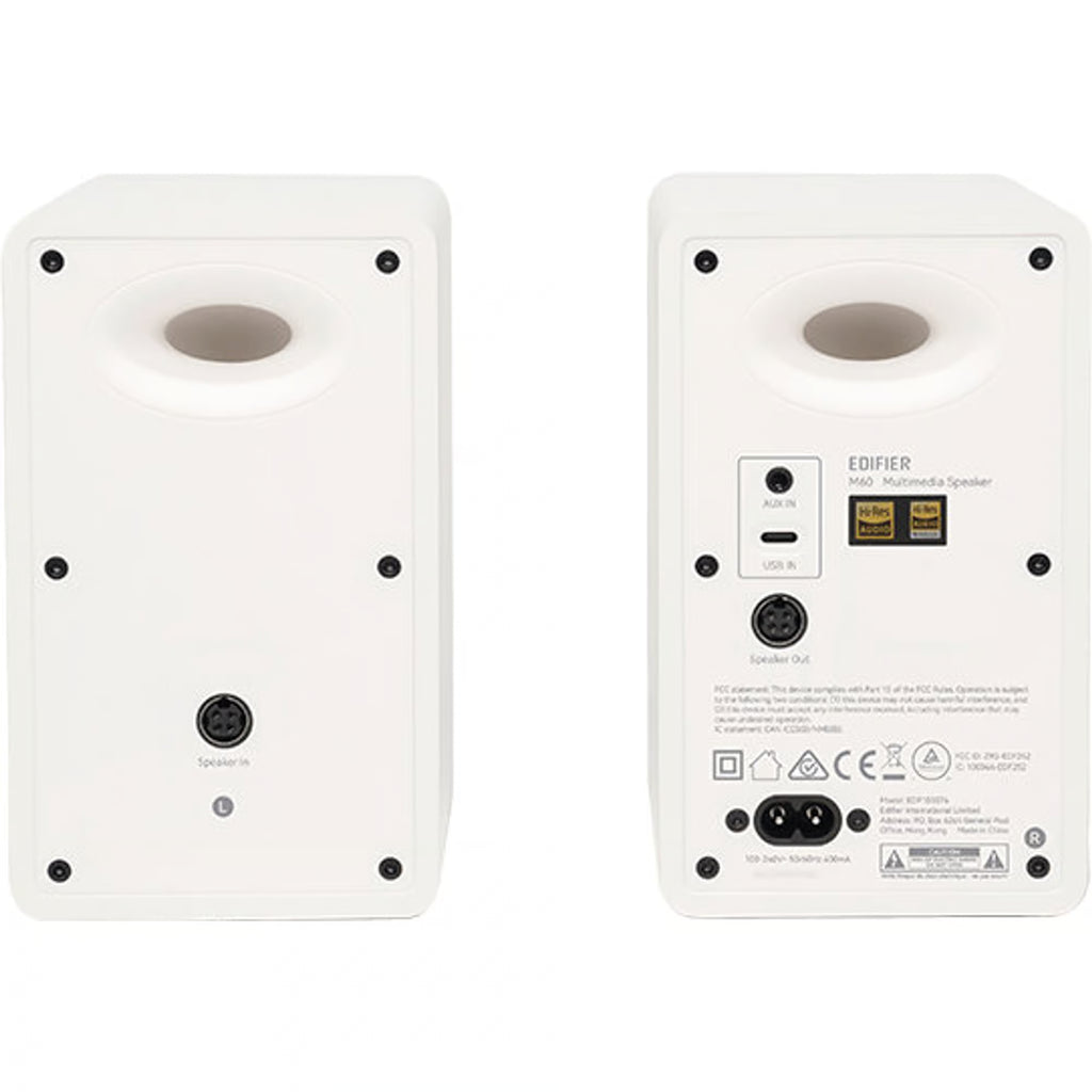 Edifier M60 desktop speakers with black finish and compact design, featuring dual speaker units and control knobs on the front panel.
