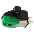 Audio Technica AT-VM95E turntable cartridge with moving magnet design, shown mounted on a turntable tonearm.