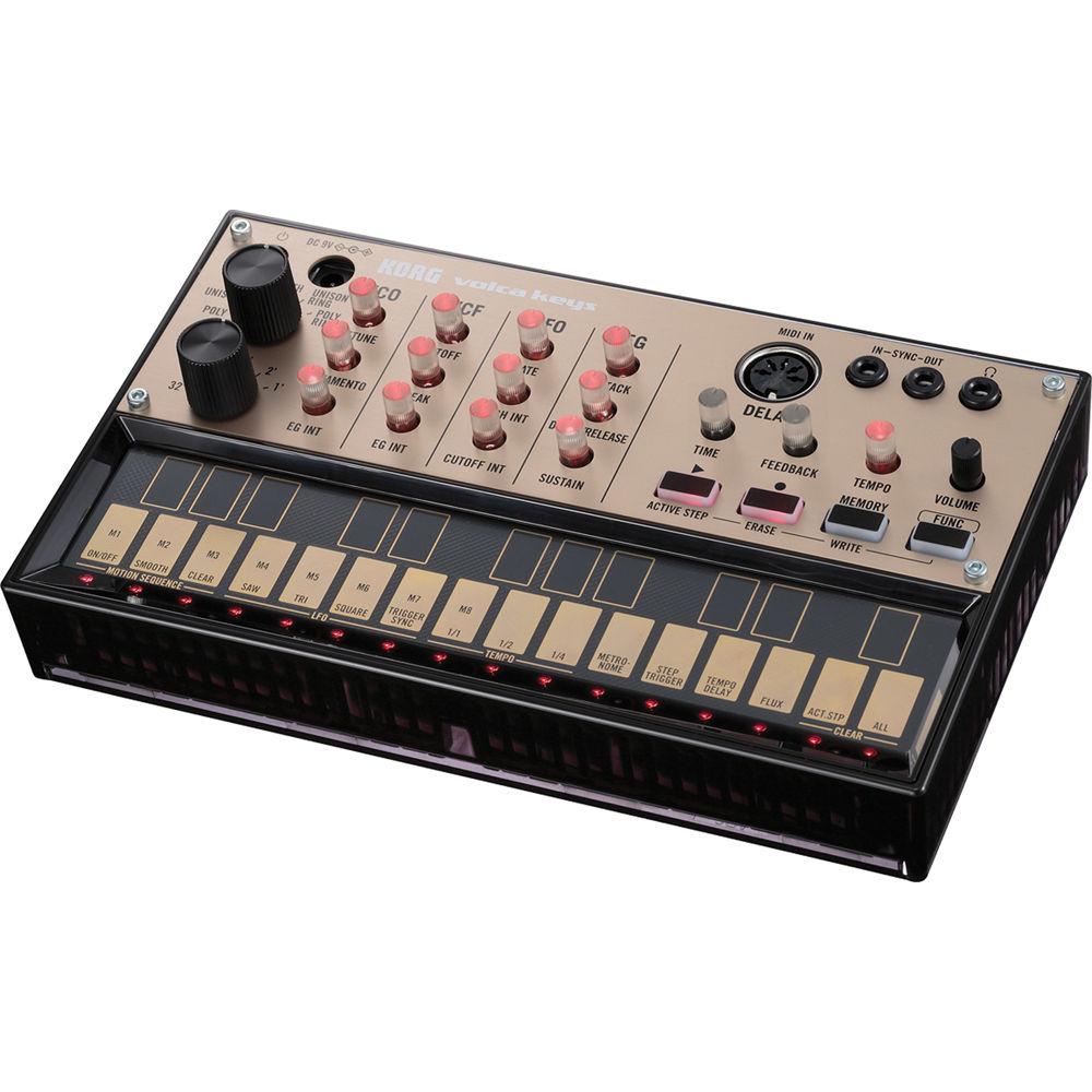 Korg Volca Keys synthesizer with knobs and keys, compact electronic music instrument for creating melodies and sounds.