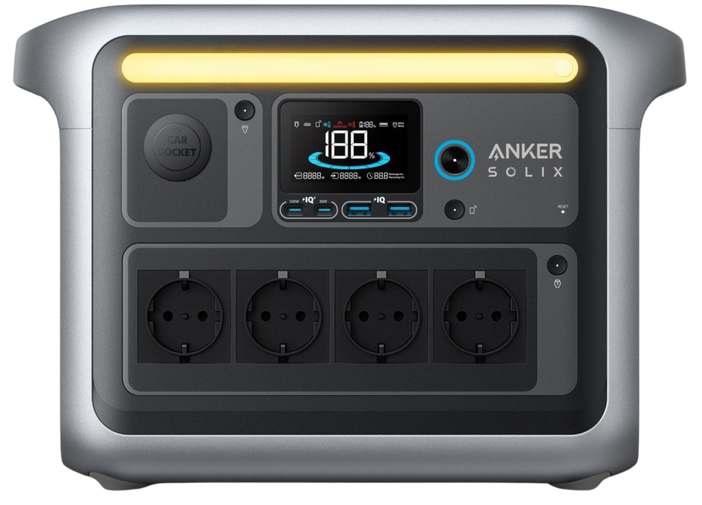 Anker Solix C1000X portable power station with 1056Wh capacity and 1800W output, showing multiple power outlets and digital display.