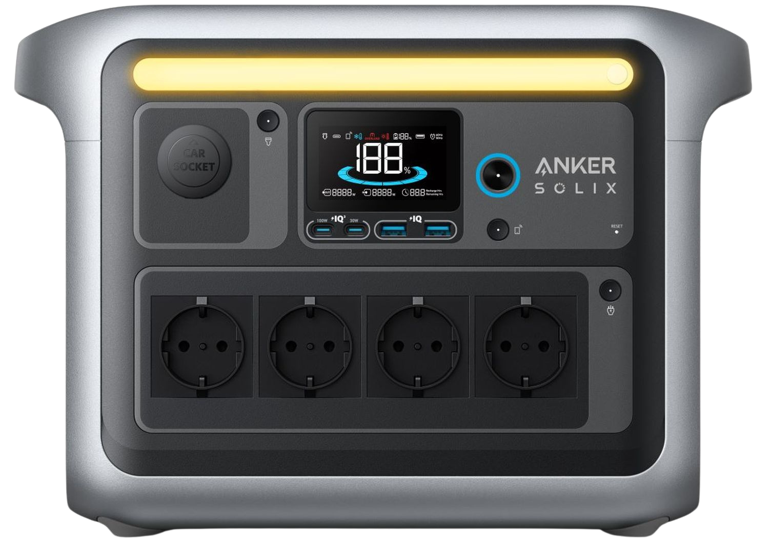Anker Solix C1000X portable power station with 1056Wh capacity and 1800W output, showing multiple power outlets and digital display.