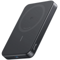 Anker MagGo 10K Slim Power Bank showing a sleek black exterior with MagSafe compatibility and USB-C port for charging devices.