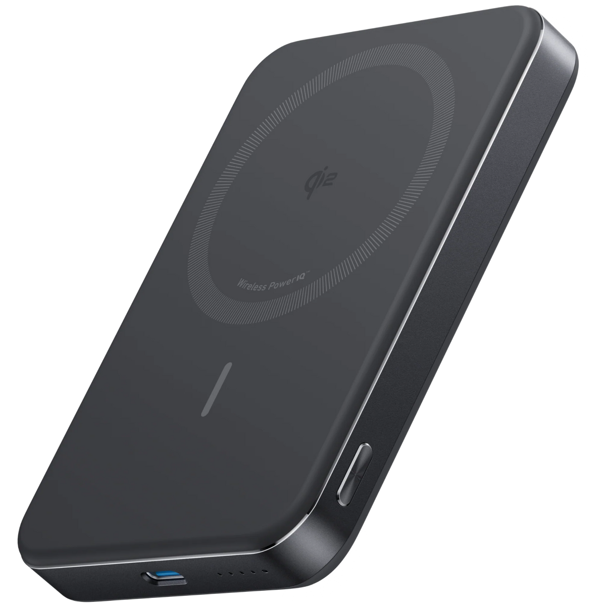 Anker MagGo 10K Slim Power Bank showing a sleek black exterior with MagSafe compatibility and USB-C port for charging devices.
