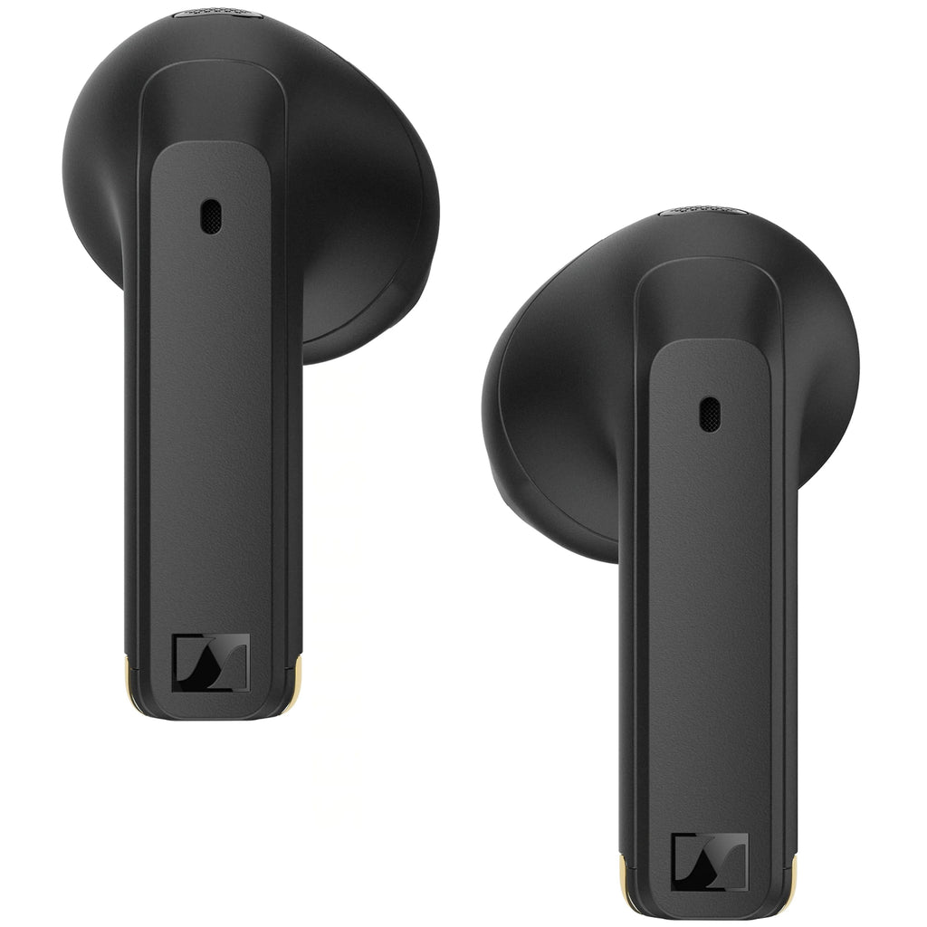 Sennheiser Accentum Open wireless in-ear headphones in black with sleek earbuds and in-line remote controls.