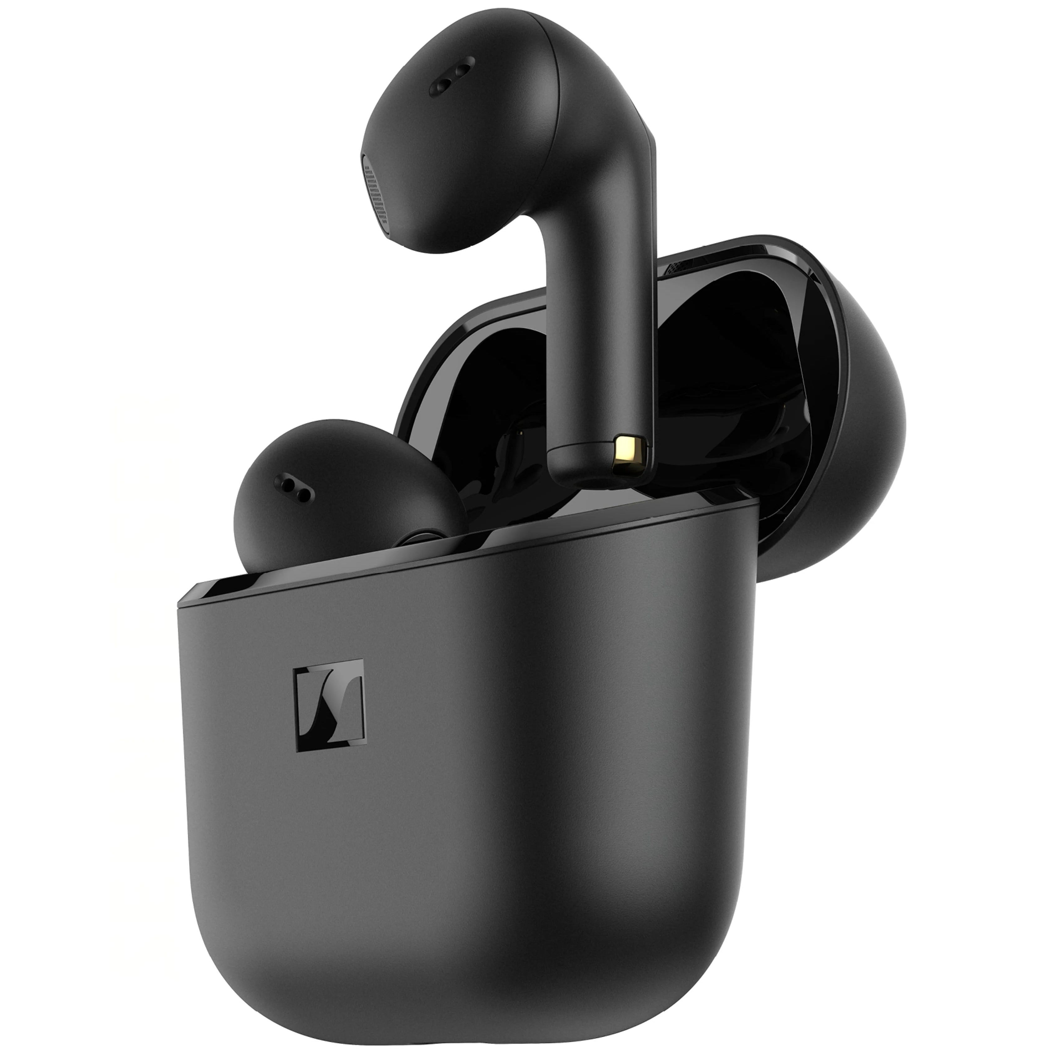 Black Sennheiser Accentum Open wireless in-ear headphones with sleek design and ergonomic fit, shown in a close-up image.