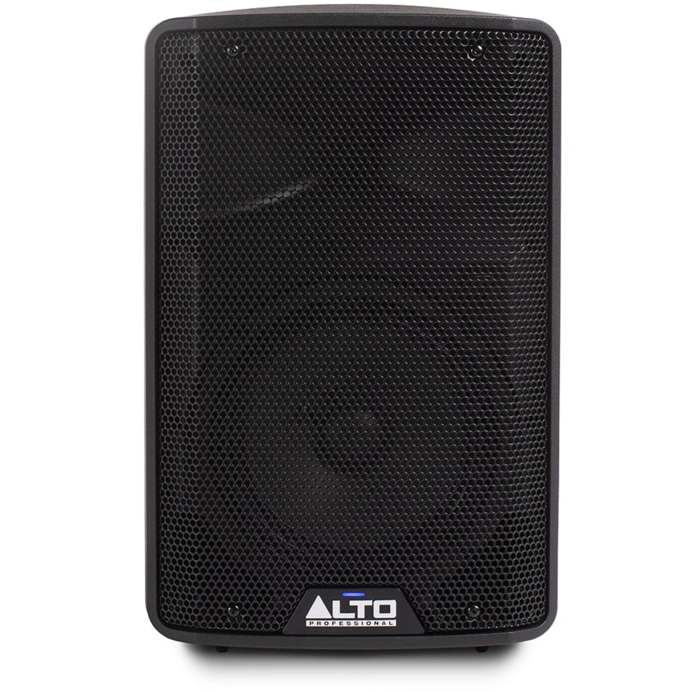 Front view of Alto Professional TX408 PA speaker from the TX series, showing its black speaker enclosure and control panel.