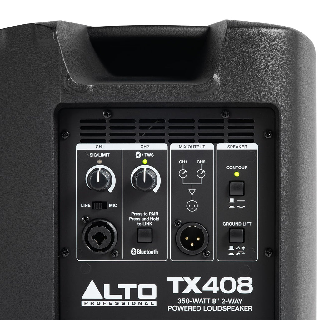 Rear control panel of Alto Professional TX408 PA speaker from the TX series, showing input and adjustment controls.