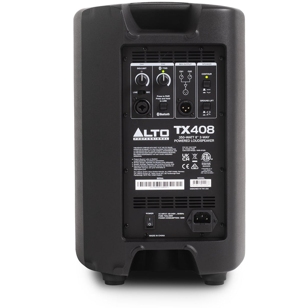 Rear view of Alto Professional TX408 PA speaker showing connection ports and control panel for professional sound reinforcement.