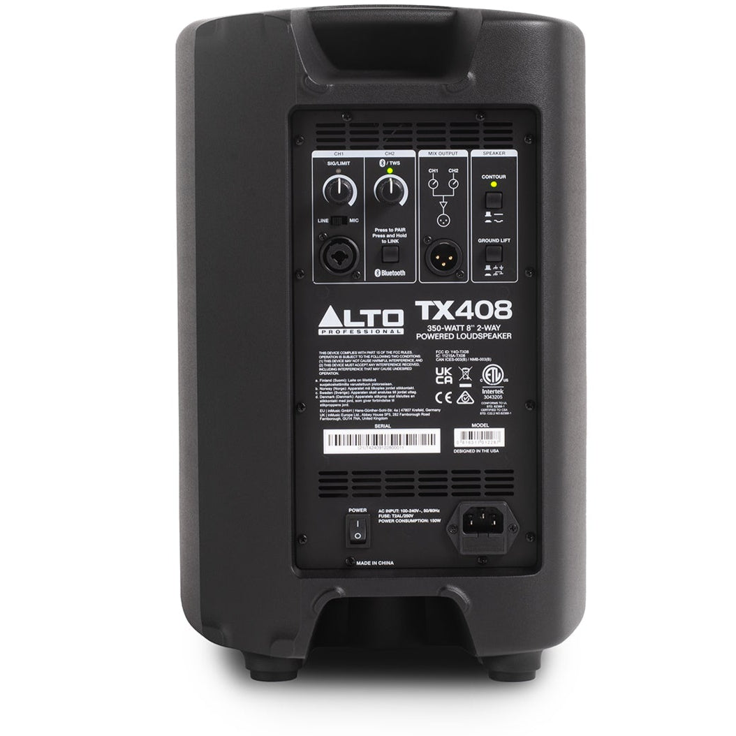 Rear view of Alto Professional TX408 PA speaker showing connection ports and control panel for professional sound reinforcement.