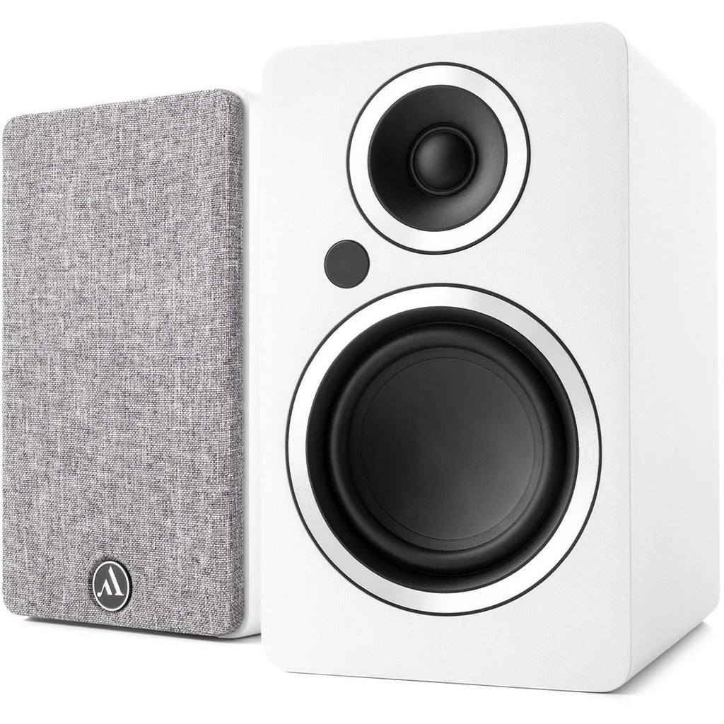 Argon Audio Fenris A4 active bookshelf speakers in white with black speaker cones and control knobs on the front panel.