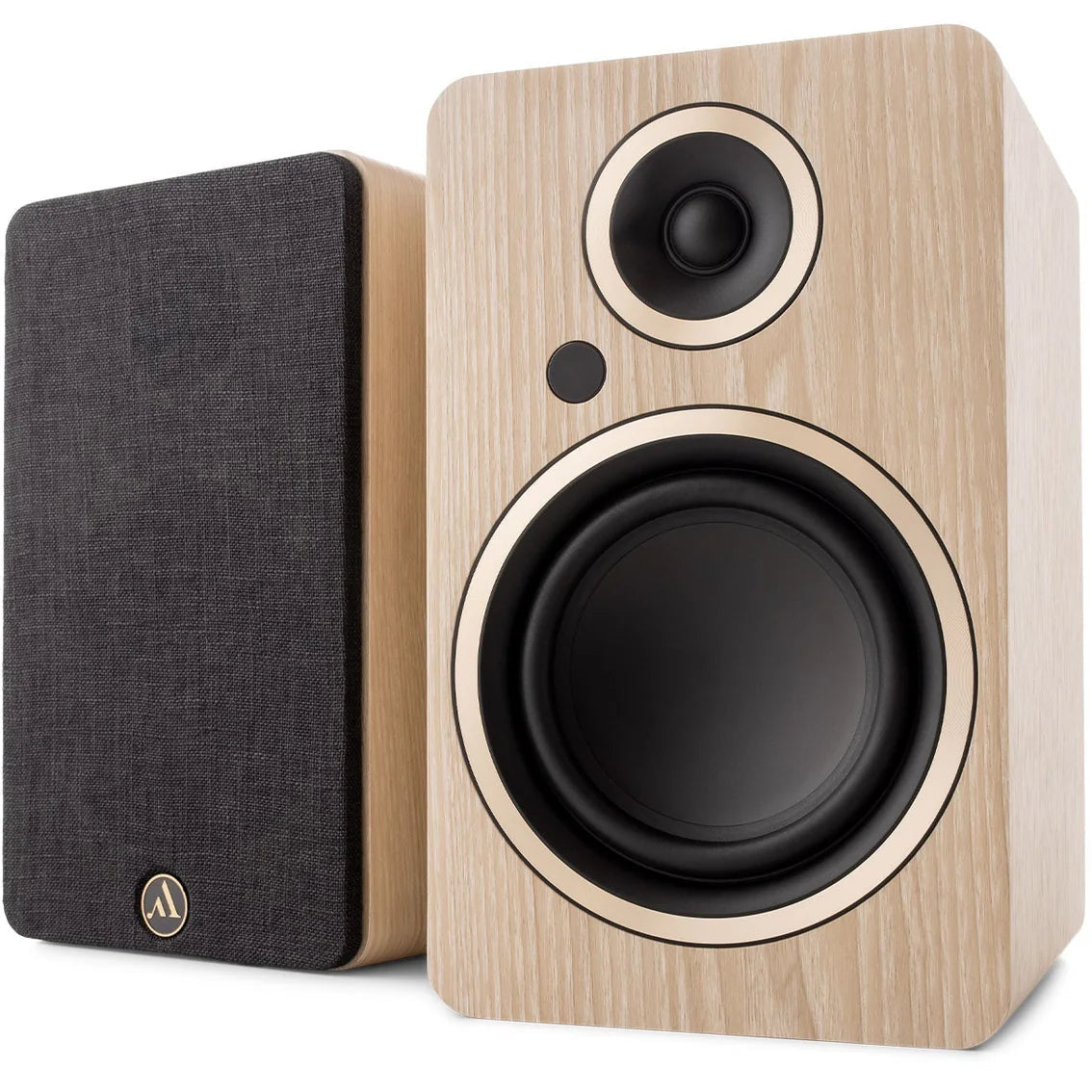 Argon Audio Fenris A5 active bookshelf speakers with black wood finish and silver speaker cones, placed on a white surface.