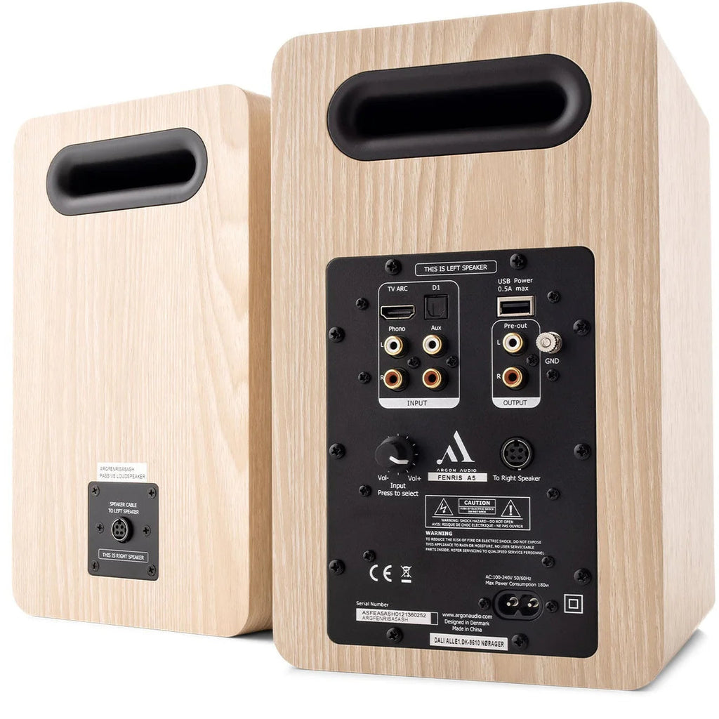 Argon Audio Fenris A5 active bookshelf speakers with black finish and sleek design, showing the front view with speaker grille removed