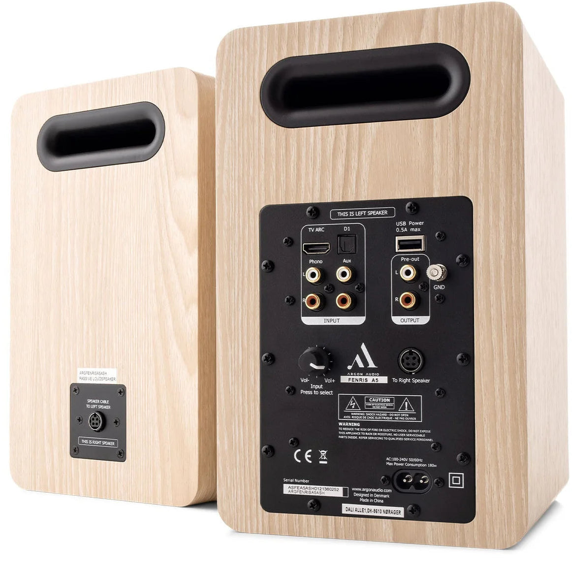 Argon Audio Fenris A5 active bookshelf speakers with black finish and sleek design, showing the front view with speaker grille removed