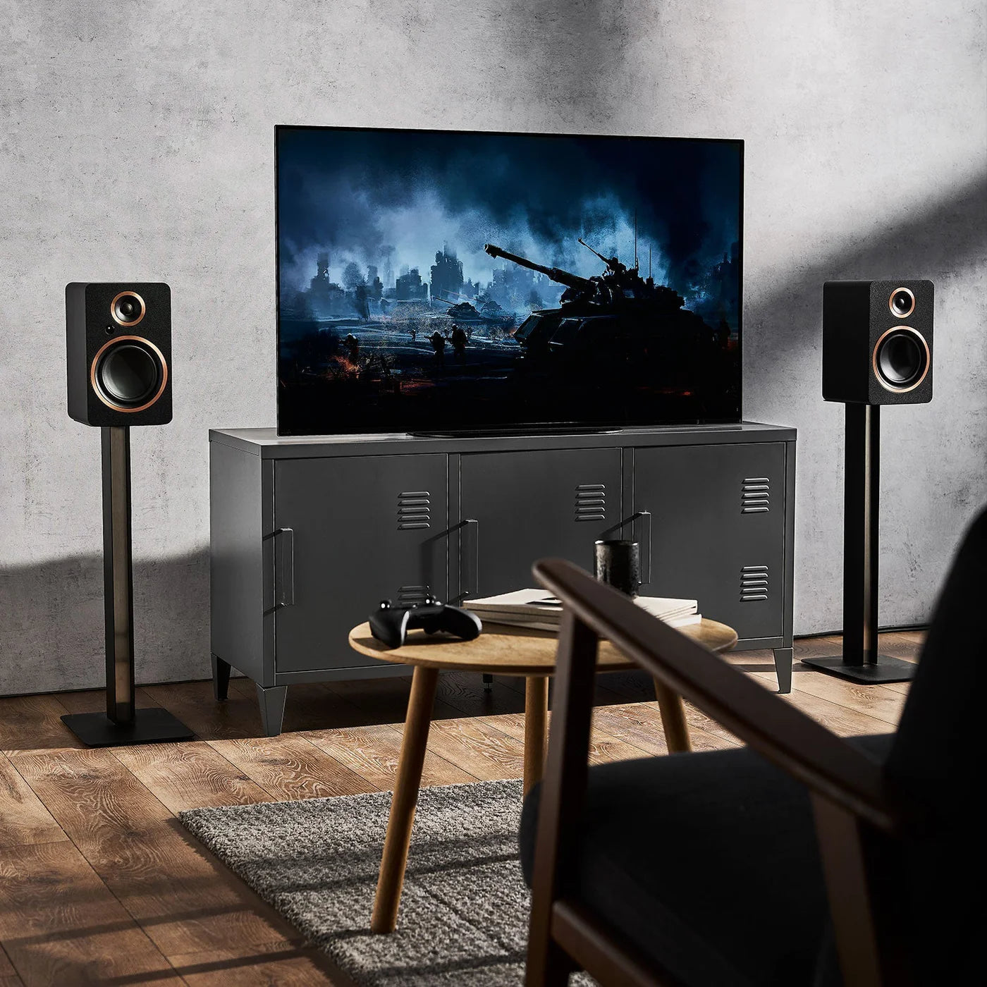 Argon Audio Fenris A5 active bookshelf speakers in black with sleek design and speaker drivers visible in the image.
