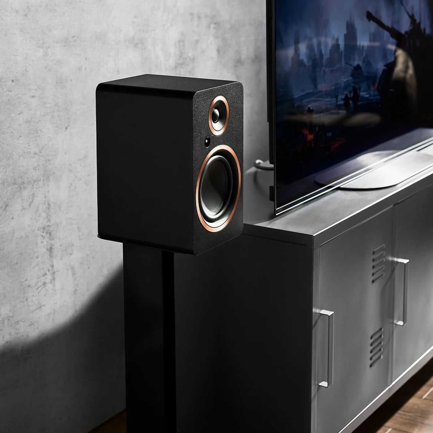 Argon Audio Fenris A5 active bookshelf speakers with black finish, showcasing sleek design and front-facing speaker drivers.