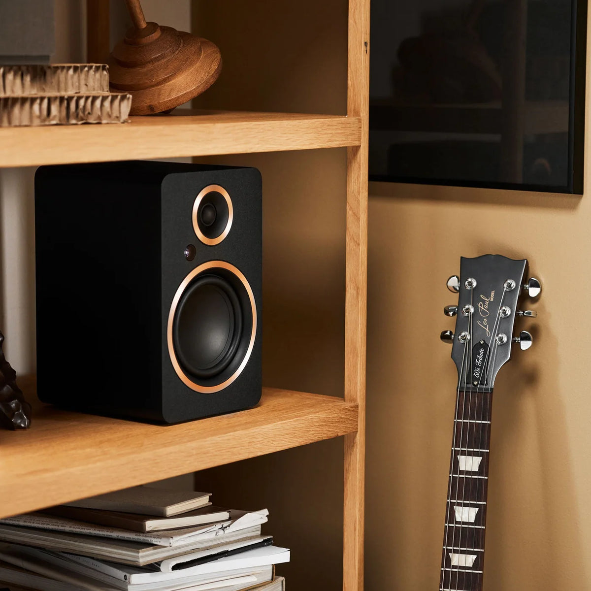 Argon Audio Fenris A5 active bookshelf speakers with black finish, featuring sleek design and front-facing speaker drivers.