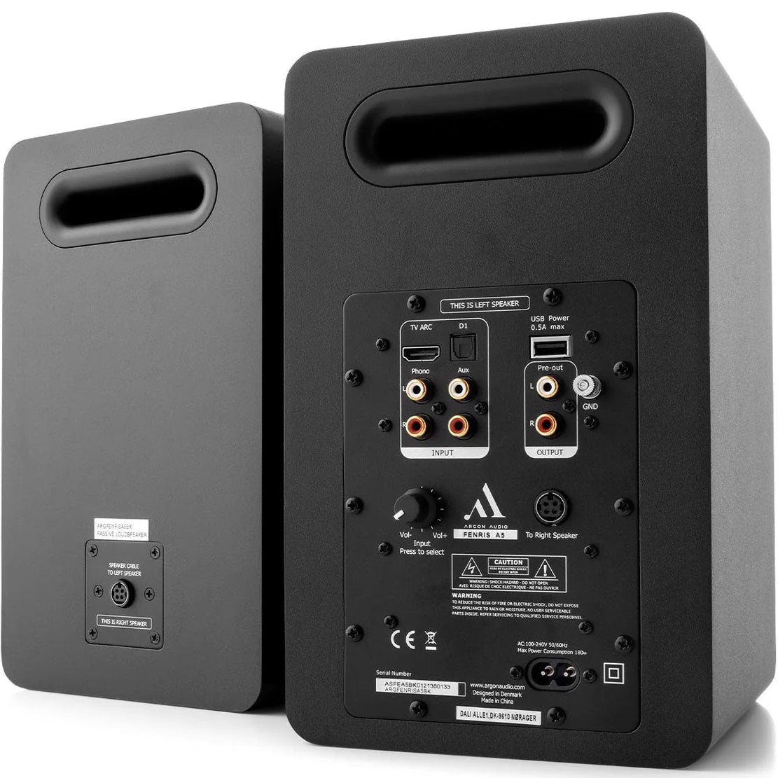 Argon Audio Fenris A5 active bookshelf speakers with black finish, showcasing their sleek design and front-facing speaker drivers.