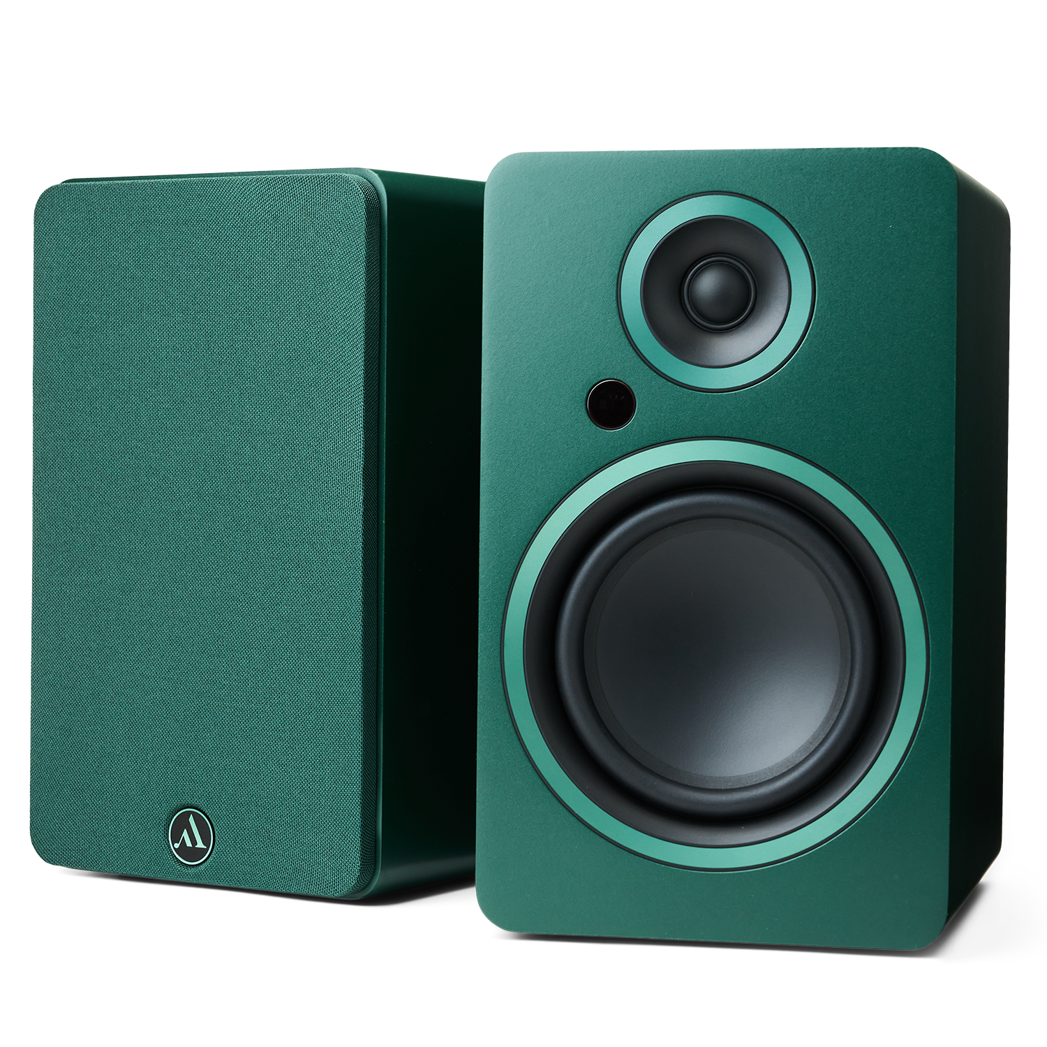 Argon Audio Fenris A5 active bookshelf speakers in Pine Green finish, front view with drivers.