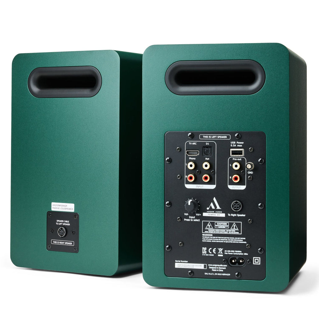 Argon Audio Fenris A5 active bookshelf speakers in Pine Green finish, angled view.