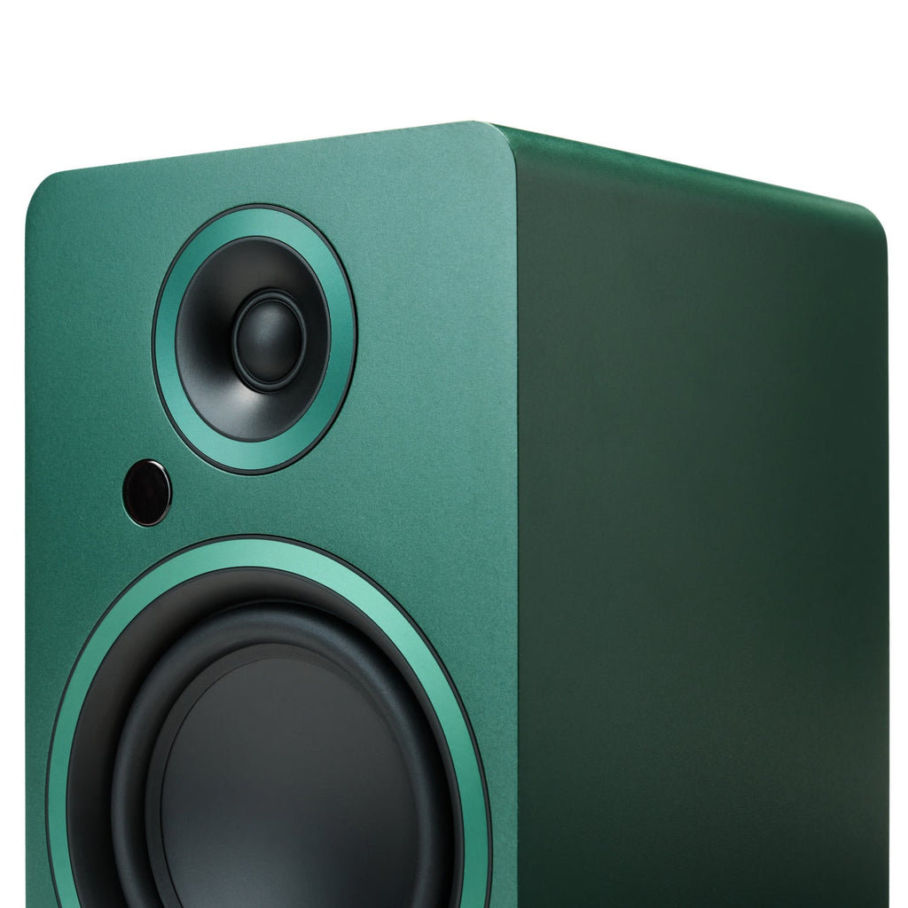 Argon Audio Fenris A5 active bookshelf speakers in Pine Green finish, detail view.