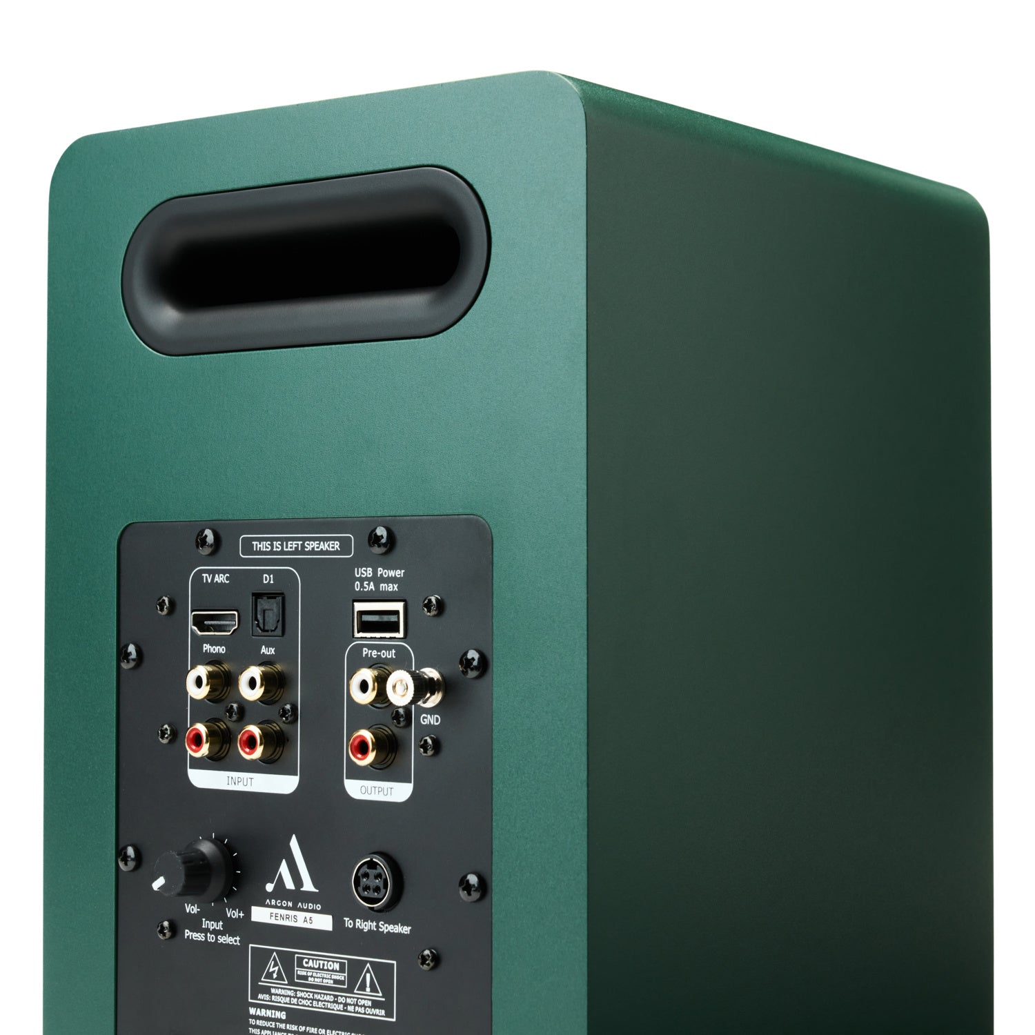 Argon Audio Fenris A5 active bookshelf speakers in Pine Green finish, lifestyle view.