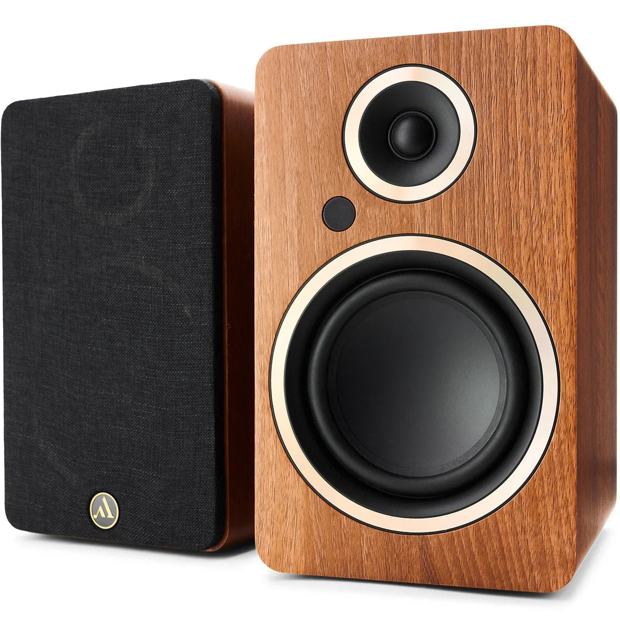 Argon Audio Fenris A5 active bookshelf speakers with black and white finish, showing the front view with speaker grills.
