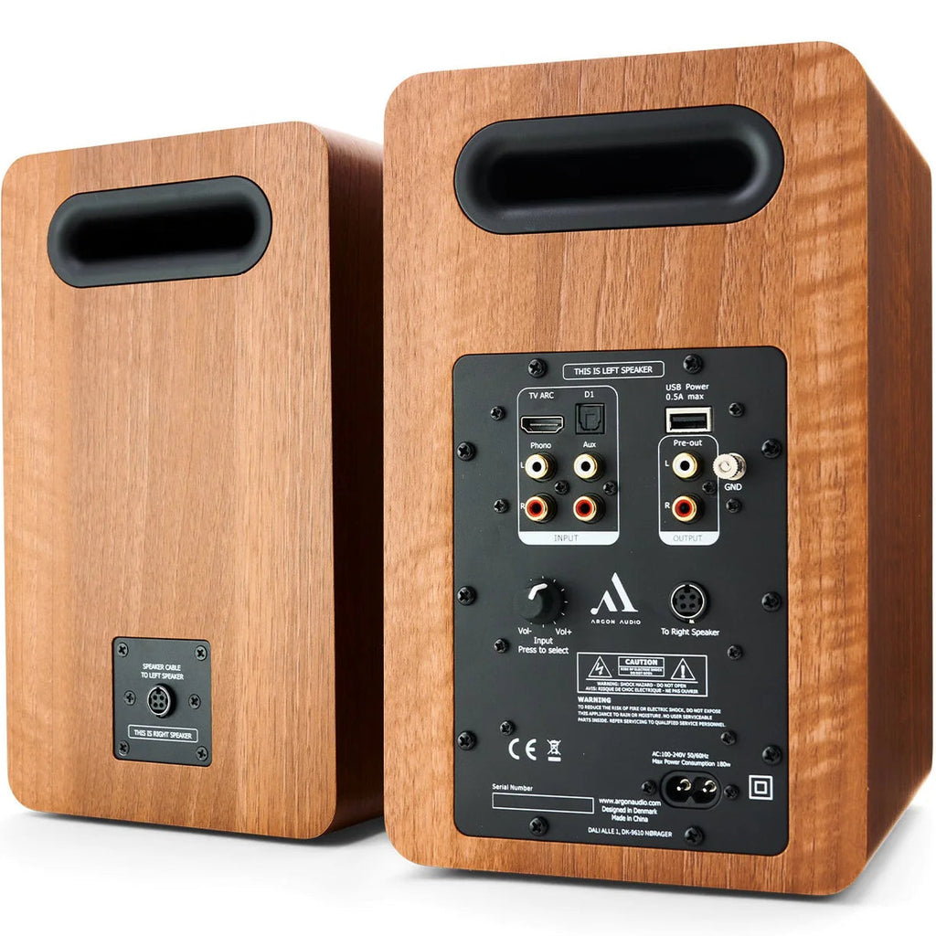 Argon Audio Fenris A5 active bookshelf speakers with black finish, featuring modern design and multiple drivers for high-quality sound.