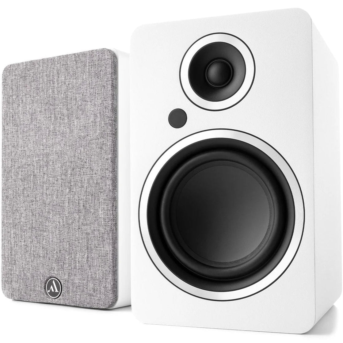 Argon Audio Fenris A5 active bookshelf speakers with white finish, showcasing sleek design and front-facing speaker drivers.