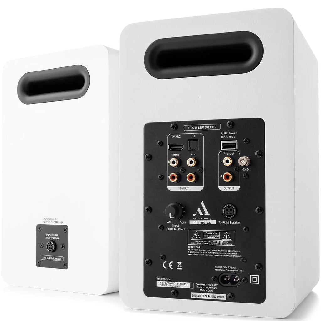 Argon Audio Fenris A5 active bookshelf speakers in white with black speaker cones and sleek design.