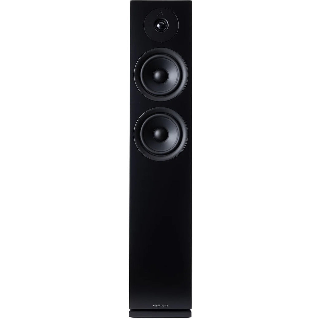 Argon Audio Forus 55 passive floorstanding speakers with sleek black wood finish and modern design.