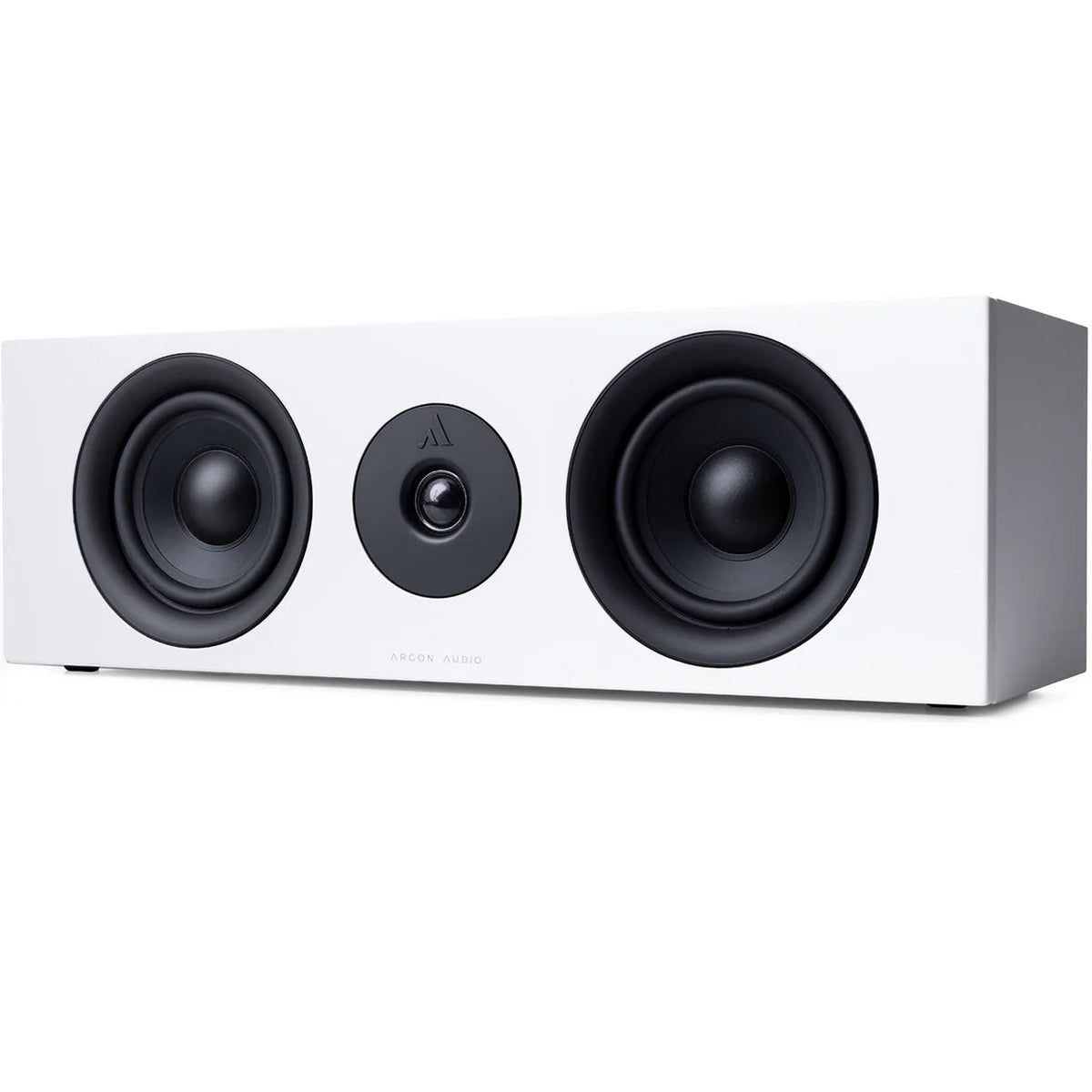 Argon Audio Forus Center speaker in white, showcasing its sleek design and front grille, ideal for home theater audio system.