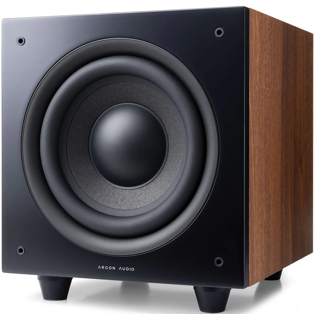 Argon Audio Malmö Sub 8 subwoofer with a sleek black finish and compact design, showcasing its front speaker grille and control panel.