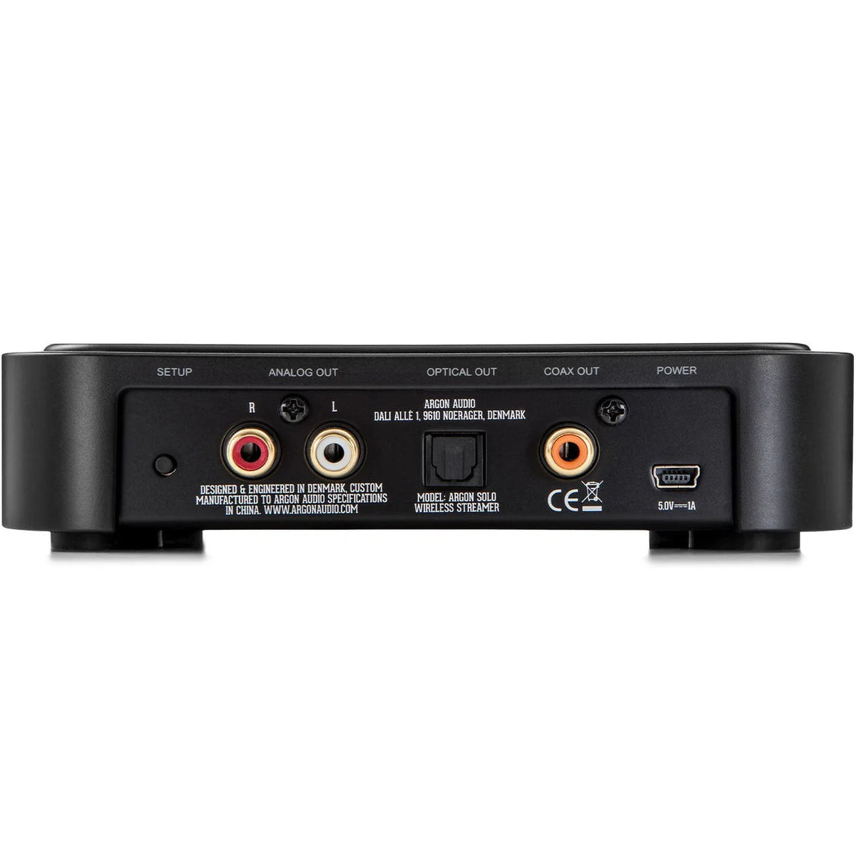 Argon Audio Solo music streamer in black, showing the sleek device with a digital display and control buttons.