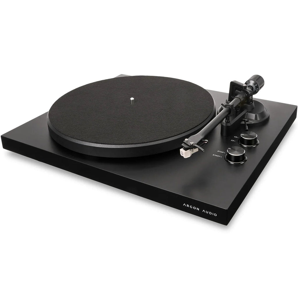 Argon Audio TT MK2 turntable with black finish and wooden plinth, close-up view of the sleek audio equipment.