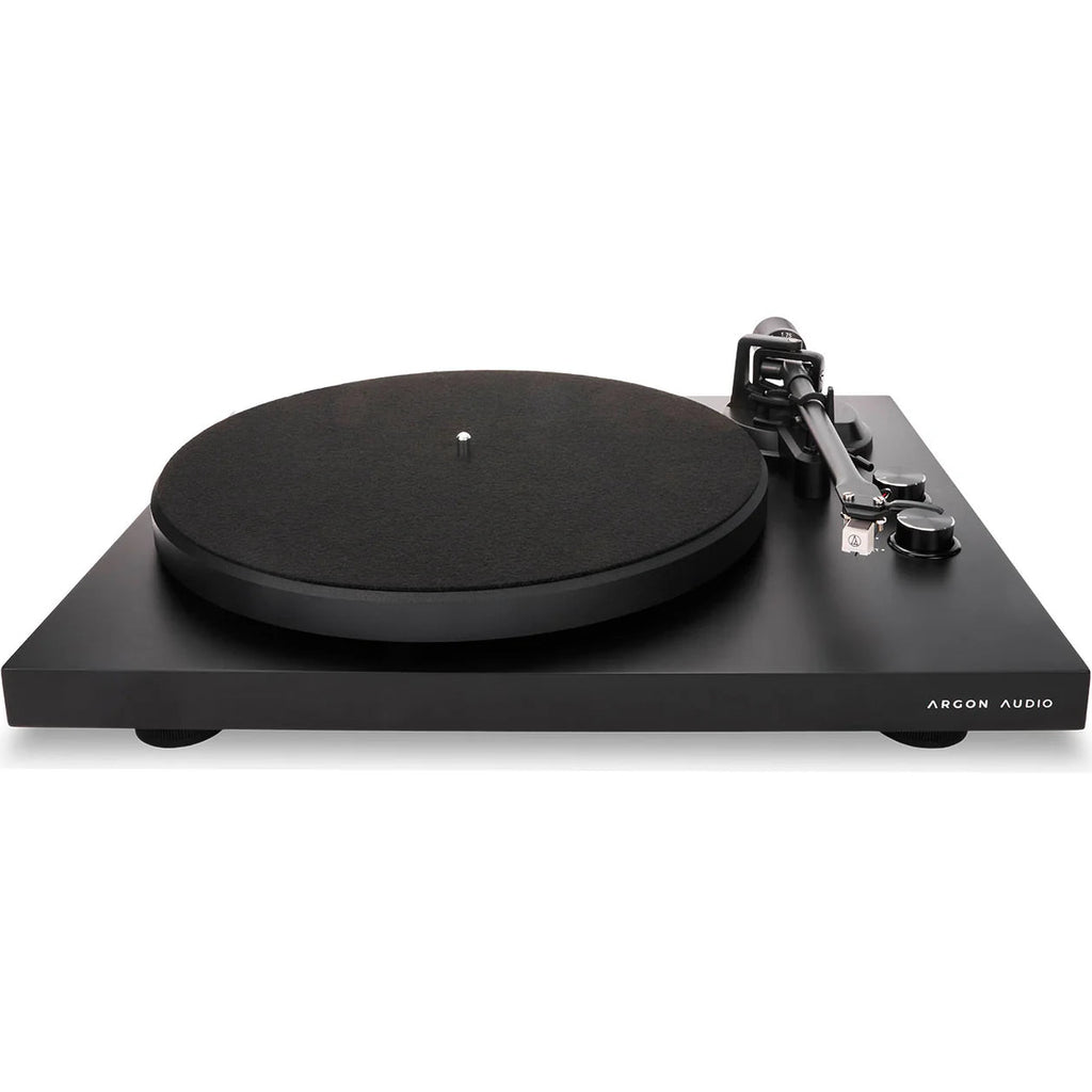 Black Argon Audio TT MK2 turntable with a sleek design and tonearm, ideal for high-quality vinyl playback.