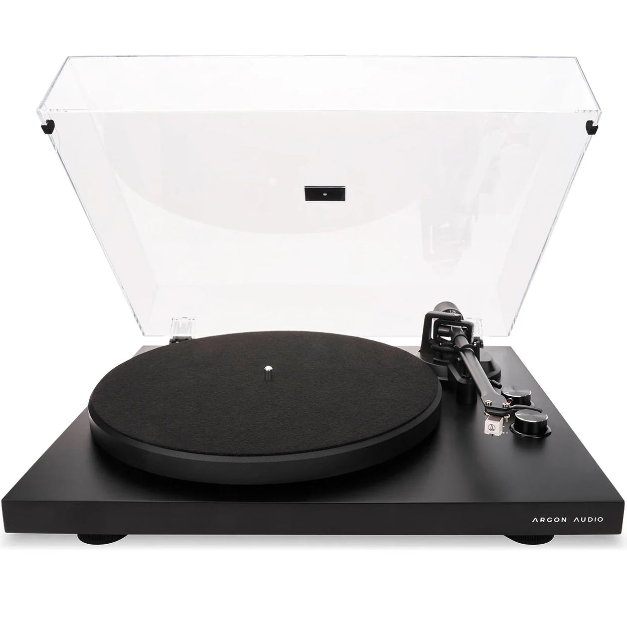 Black Argon Audio TT MK2 turntable with wooden plinth and tonearm, showcasing its sleek design and high-quality build.