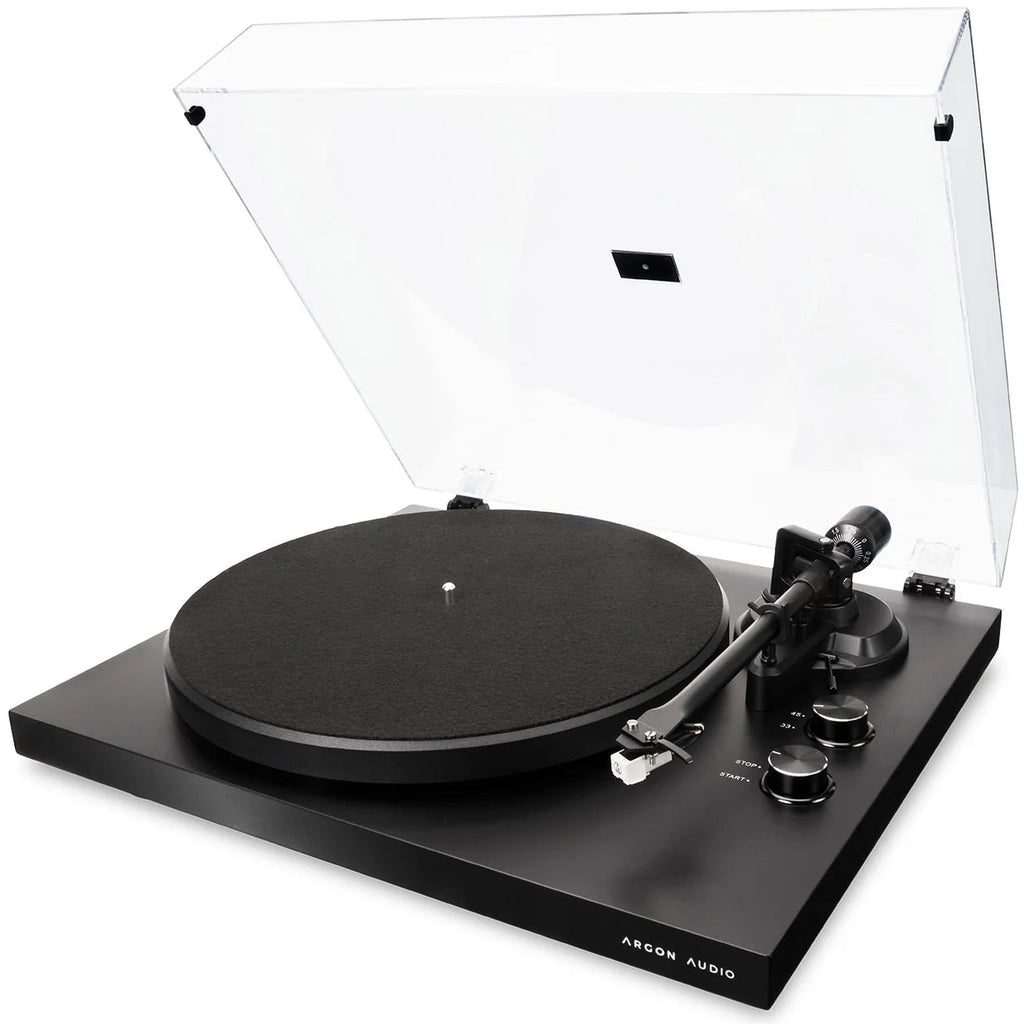 Black Argon Audio TT MK2 turntable with sleek design and tonearm, showcasing the classic vinyl record setup.