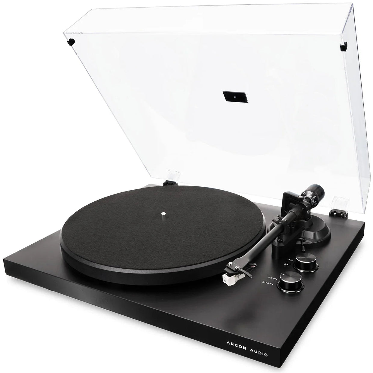 Black Argon Audio TT MK2 turntable with sleek design and tonearm, showcasing the classic vinyl record setup.