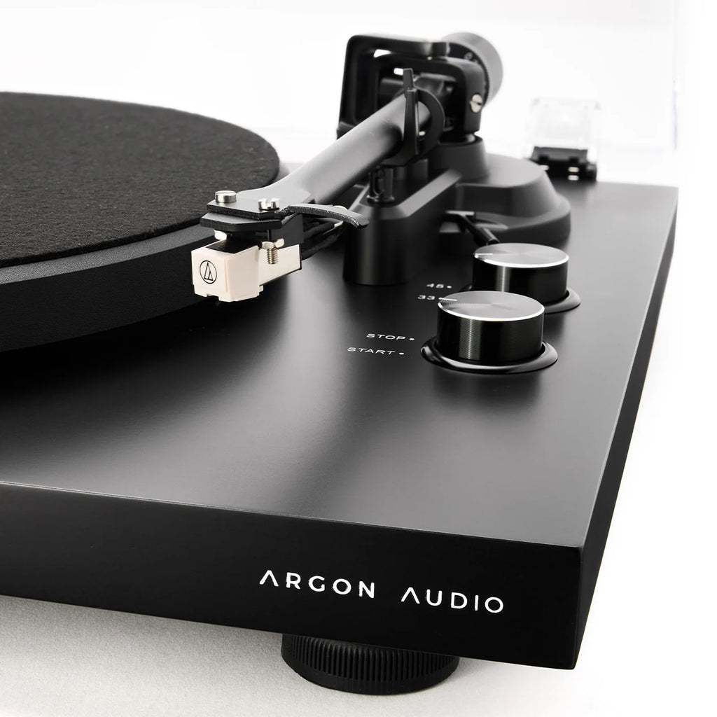 Black Argon Audio TT MK2 turntable with wooden plinth, featuring a tonearm and platter for vinyl records.