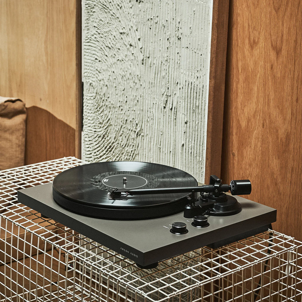 Argon Audio TT MK2 turntable with sleek design, featuring a wooden base and modern controls, ideal for vinyl record playback.