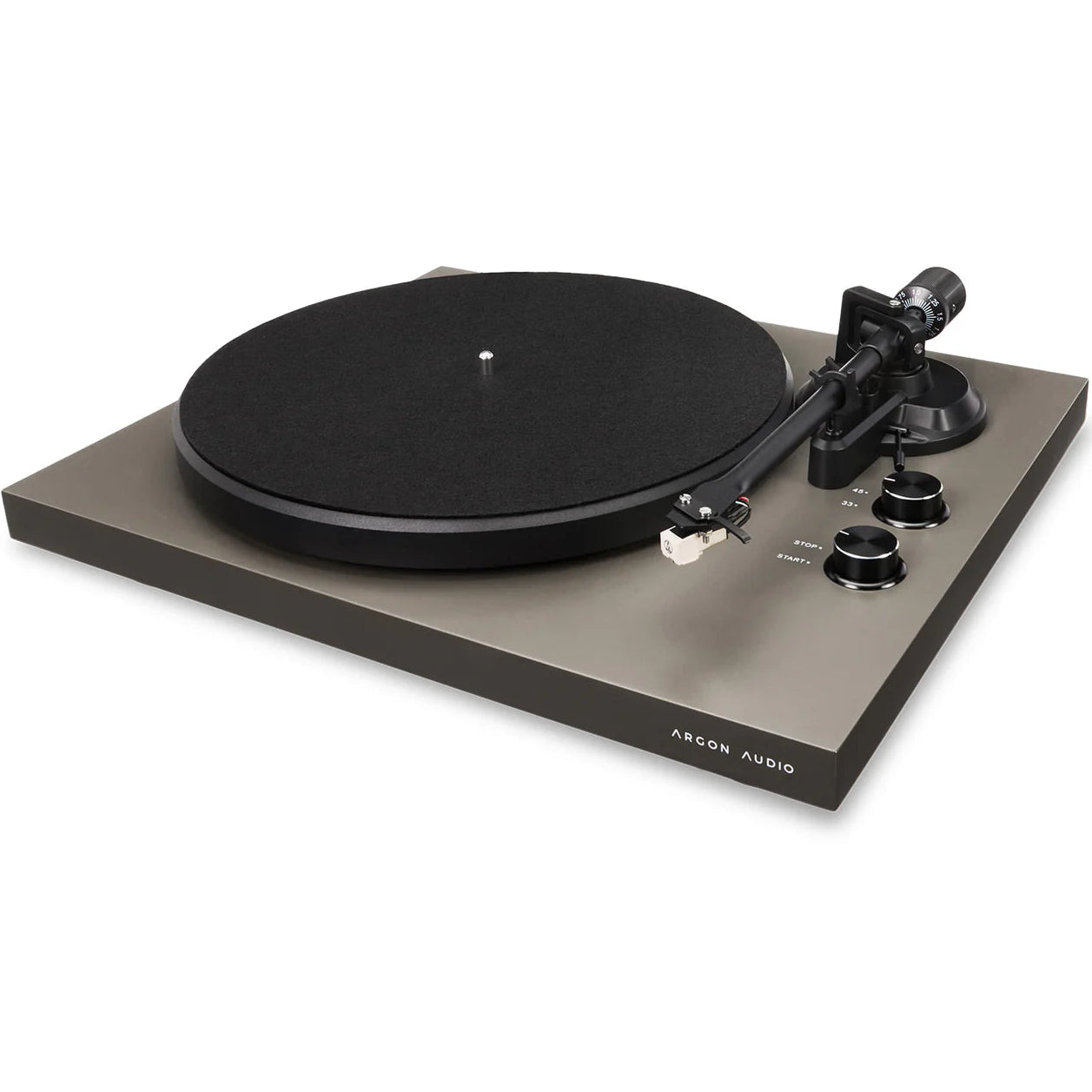 Argon Audio TT MK2 turntable with wooden plinth, tonearm, and platter for high-quality vinyl listening.