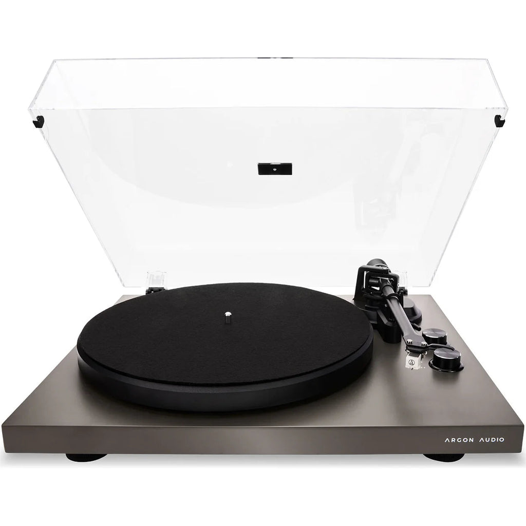 Argon Audio TT MK2 turntable with wooden base and silver tonearm, close-up view of the sleek audio equipment.