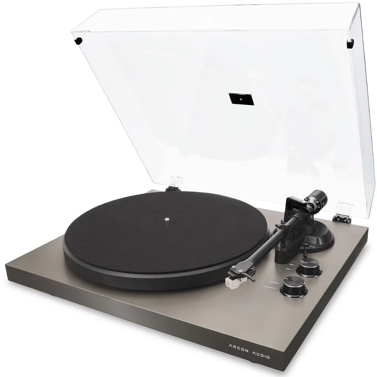 Argon Audio TT MK2 turntable with wooden base and silver tonearm, showcasing the sleek design and control knobs.