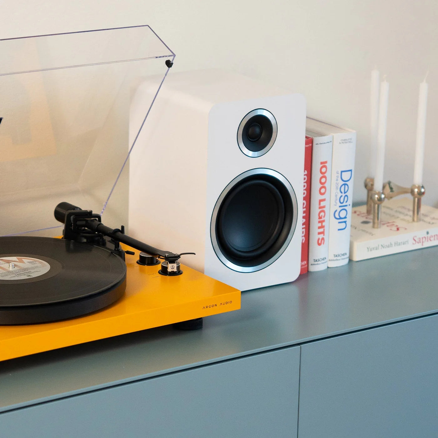 Argon Audio Fenris A5 active bookshelf speakers with white finish and black speaker grilles, designed for high-quality audio.