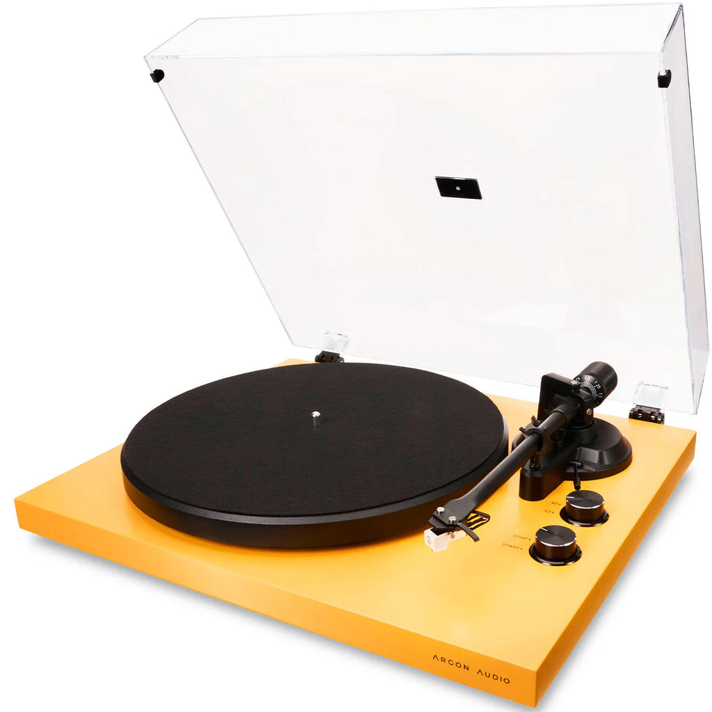 Argon Audio TT MK2 turntable with black matte finish, showing the platter, tonearm, and control buttons on a sleek audio device
