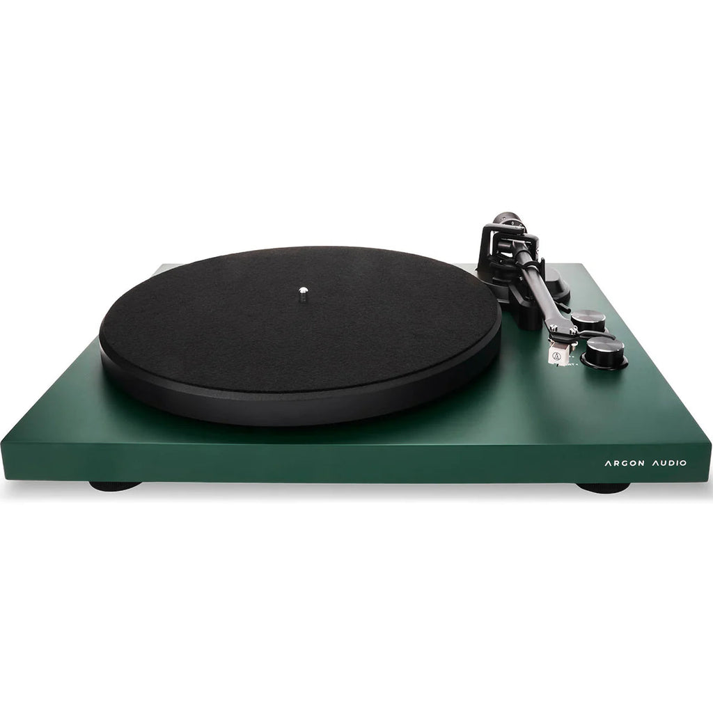 Argon Audio TT MK2 turntable with wooden plinth and tonearm, showcasing its sleek design and modern audio equipment features.